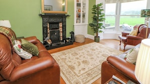 A living room with a fireplace, leather sofas, a large mirror, and a view of the outdoors.