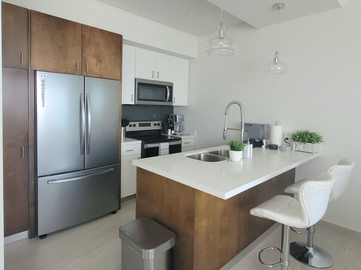 Fridge, microwave, oven, stovetop