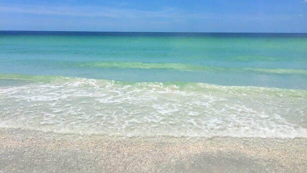 A beach with clear turquoise water and a sandy shore.