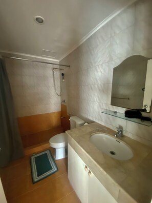 Dusj, hårføner, håndklær og såpe