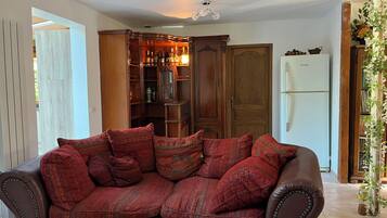 Smart TV, fireplace, books, music library