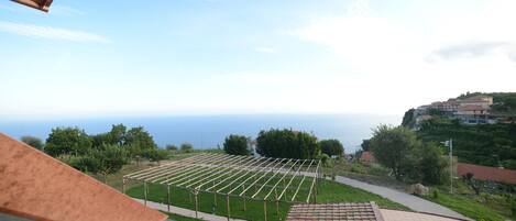Un giardino pensile con una pergola, vista sul mare e vegetazione circostante.