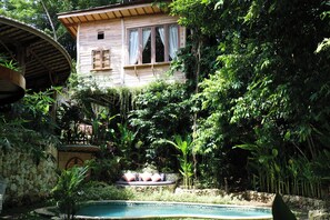 A wooden house with a pool surrounded by lush greenery.