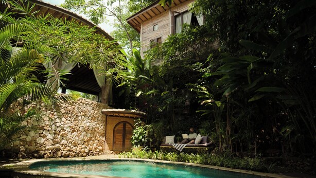 A pool surrounded by lush greenery and a stone wall. - Roots Tree House (Ungasan)