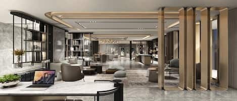 A modern hotel lobby with a marble floor, seating areas, a reception desk, and a large bookshelf.