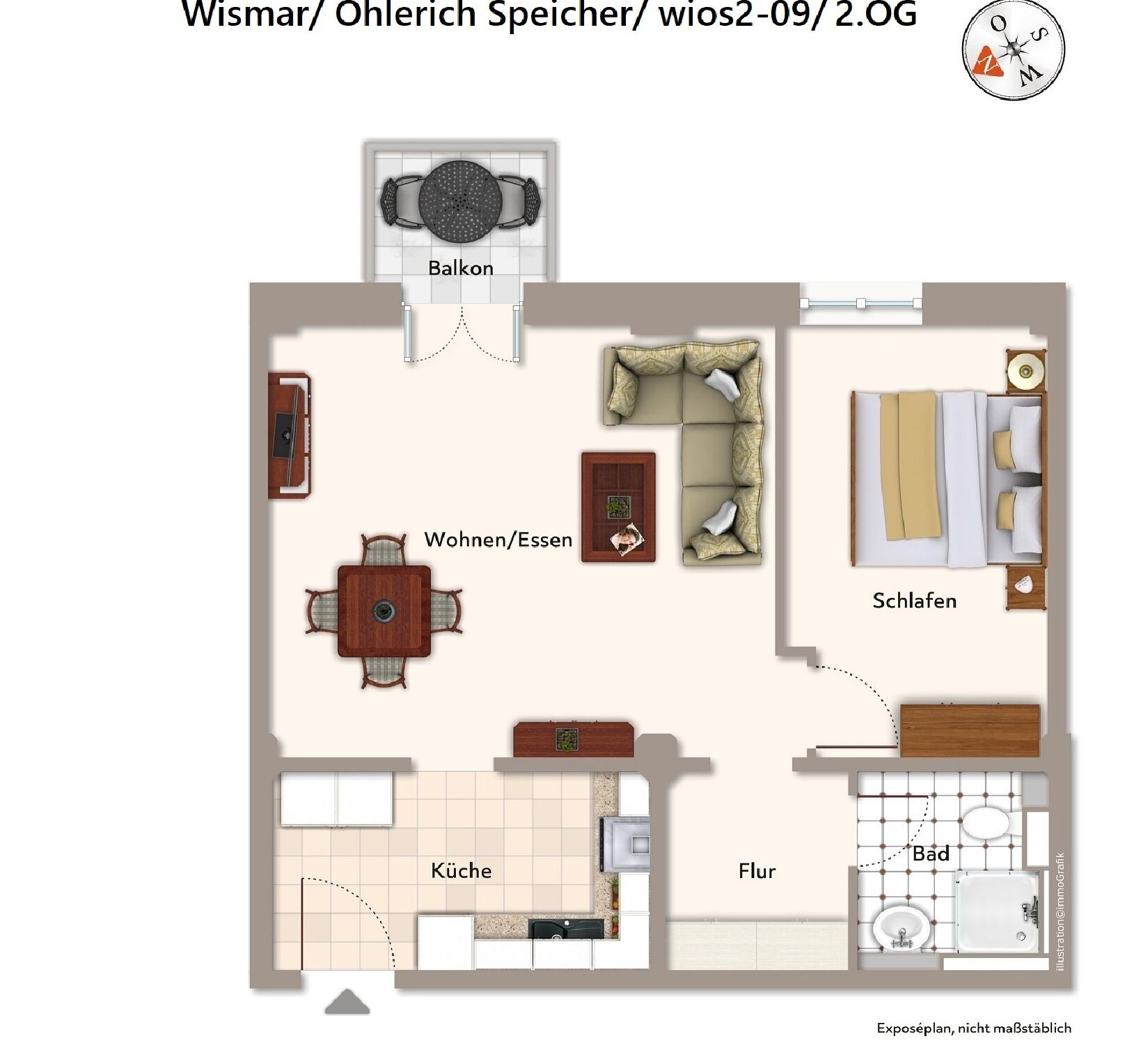 Ein Grundriss eines Hotelzimmers mit Balkon, Wohnbereich, Schlafzimmer, Küche und einem kleinen Garten.