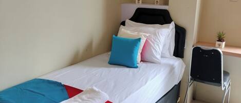A single bed with white bedding, a red blanket, and blue and pink pillows. There is a small table with a plant and a chair beside the bed.