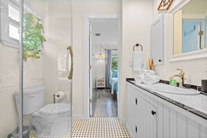 Eco-friendly toiletries, hair dryer, towels, soap