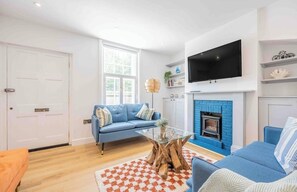 Smart TV, fireplace, books