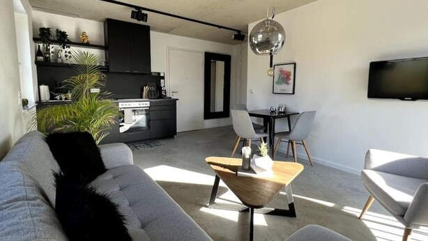A modern living room with a grey sofa, a wooden coffee table, and a dining area with a black table and grey chairs. - M Apartment: Design Apartment Loft (Landau in der Pfalz)