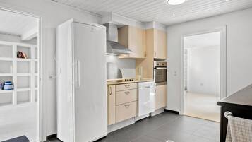 Fridge, stovetop, dishwasher, coffee/tea maker