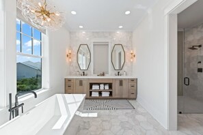 Bathtub, hair dryer, towels