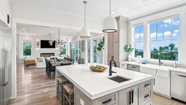 A modern kitchen with a large island, white cabinetry, and pendant lighting. - Gulf View Estate | Private Pool | Walk to Beach (Inlet Beach)