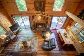 TV connectée, cheminée, livres, espaces bureaux