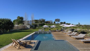 Outdoor pool, a heated pool, pool umbrellas, sun loungers