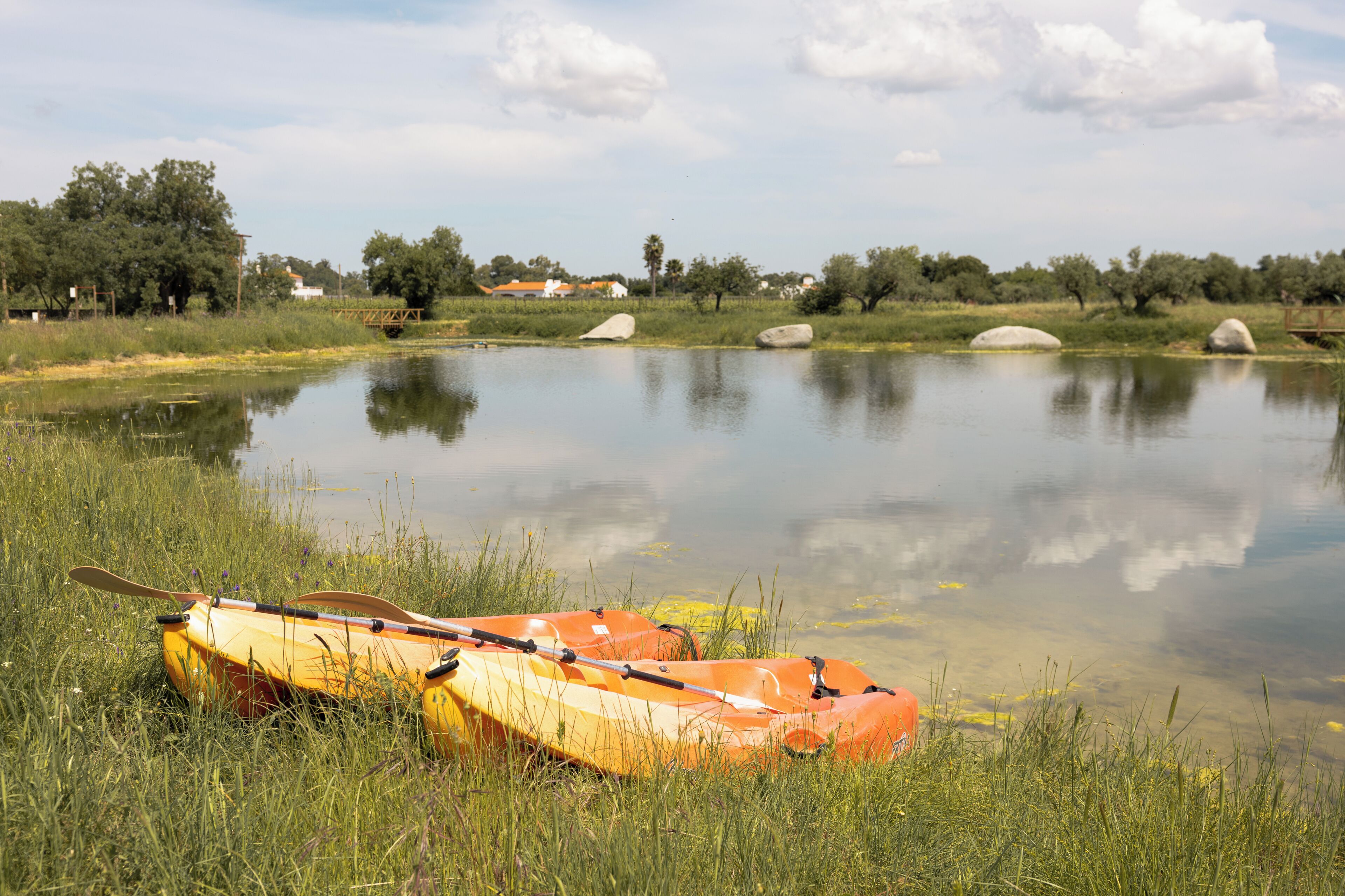 A calm lake with kayaks and rocks.