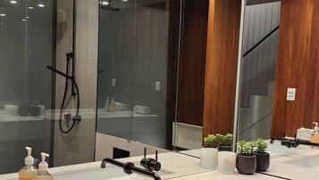 Douche, sĂšche-cheveux, serviettes fournies, savon