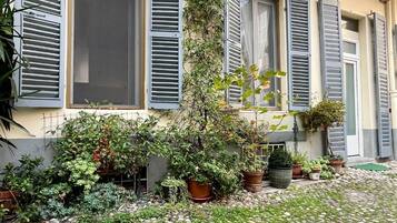 A courtyard with a paved ground, potted plants, and a building with multiple windows and shutters.