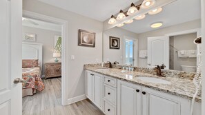 Combined shower/tub, jetted tub, hair dryer, towels - Beachfront 4BR Corner Unit!  Water Slide!! (Gulf Shores)