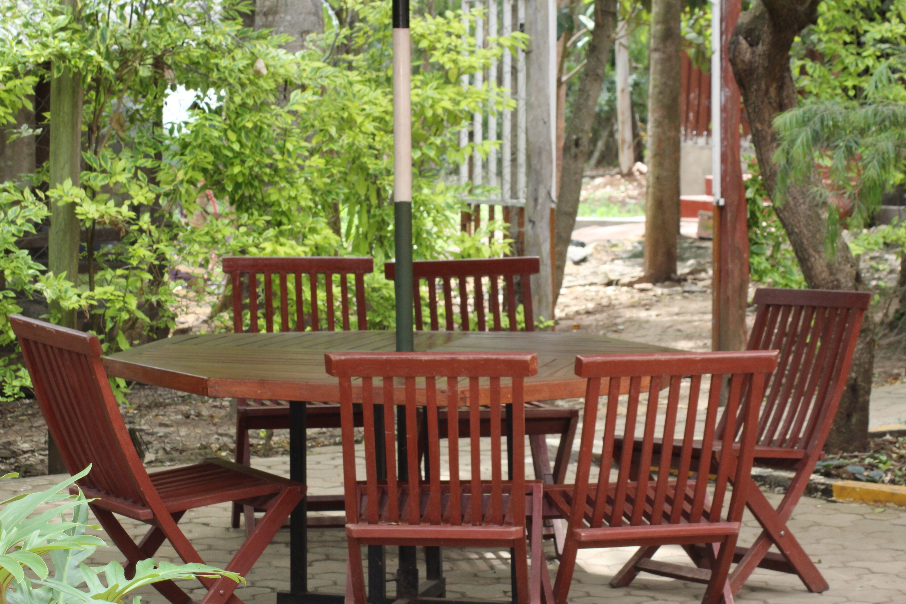 A wooden table with four chairs, surrounded by greenery and trees.