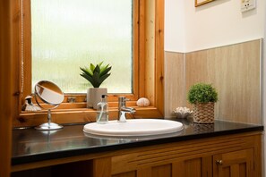 Hair dryer, towels, soap, shampoo