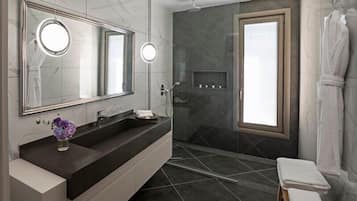 Deluxe Room with Garden Access | Baño | Ducha, secador de pelo, albornoces y zapatillas