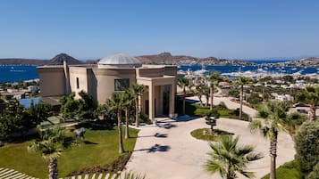 A modern building with a dome, surrounded by palm trees and a marina with boats.