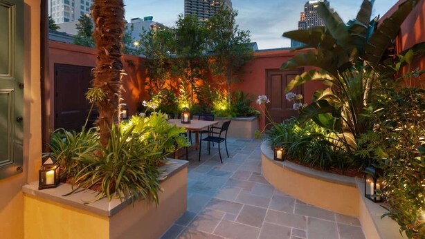Une terrasse extérieure avec une table et des chaises, entourée de jardinières et d’un palmier.