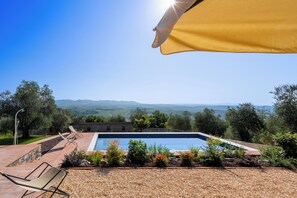 Seasonal outdoor pool, pool umbrellas, pool loungers