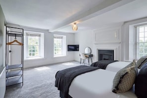 A bedroom with two beds, a TV, a fireplace, and a wardrobe.