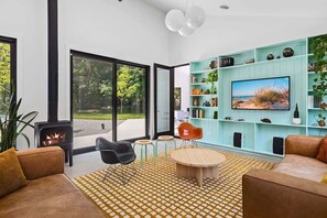 Smart TV, fireplace, books