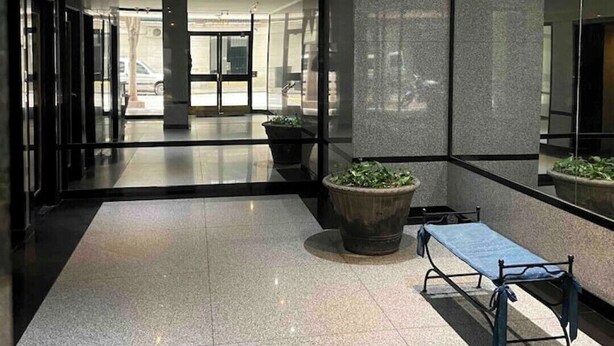 Un hall d’entrée moderne avec un banc, des plantes en pot et un mur de verre qui reflète l’intérieur.