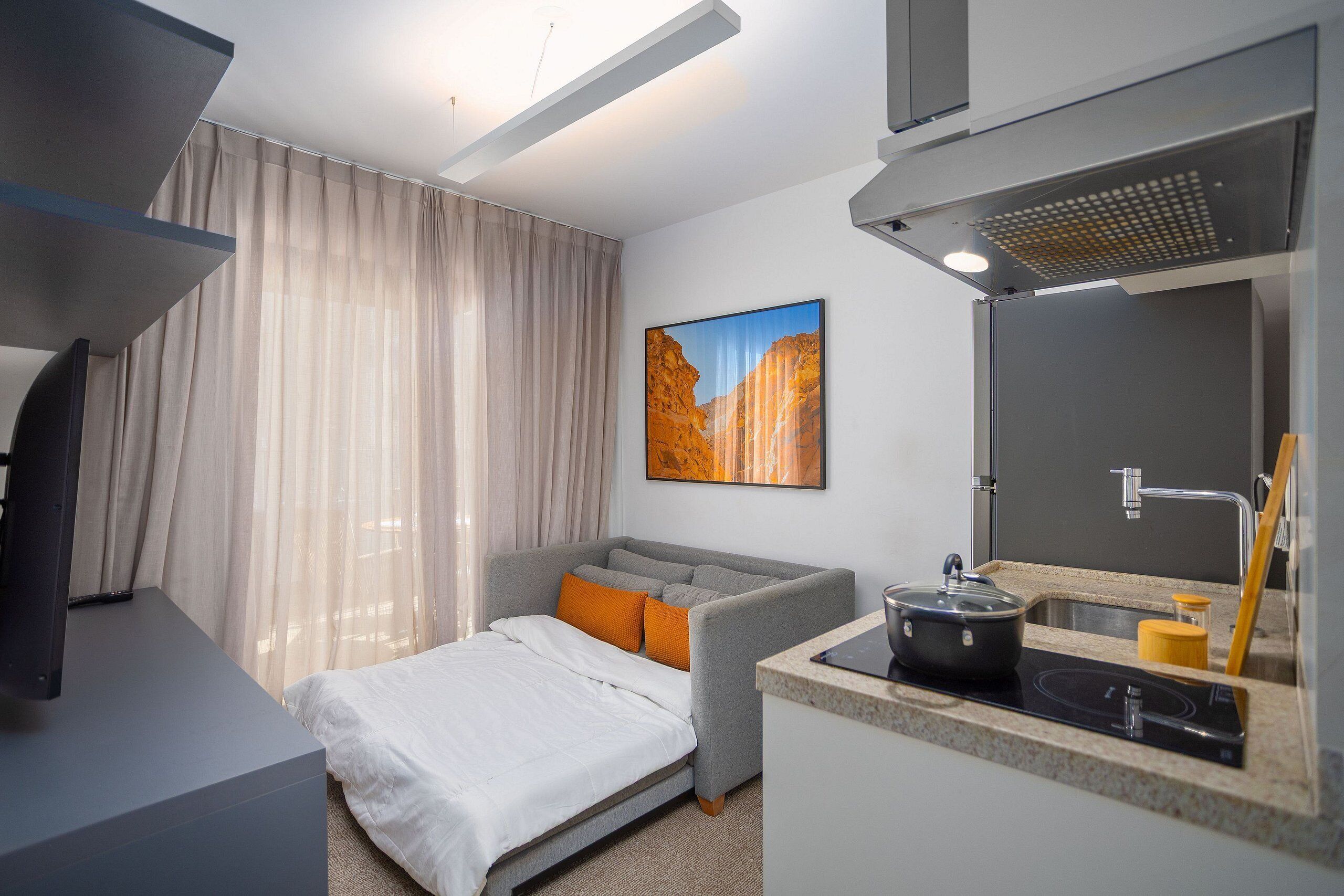 A modern hotel room with a bed, a sofa, a small kitchenette, and a painting on the wall.