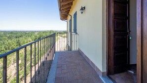A balcony with a view of a forested landscape.