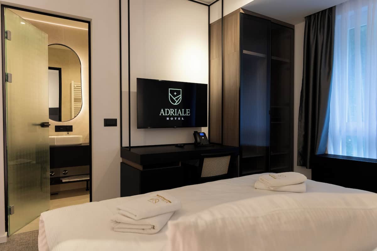 A hotel room with a bed, a desk with a TV, a wardrobe, and a bathroom with a mirror and sink.