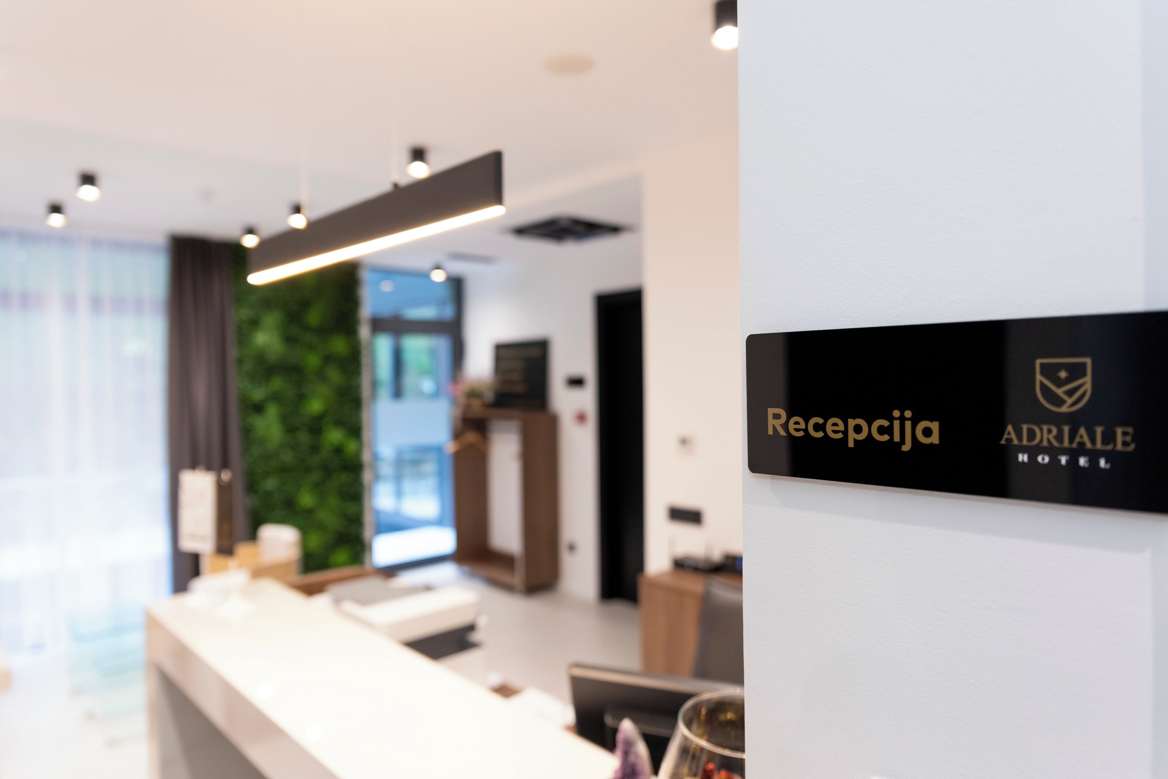 Un espace d’accueil comprenant un comptoir de réception, une enseigne indiquant « Recepcja » et le logo de l’hôtel Adria.