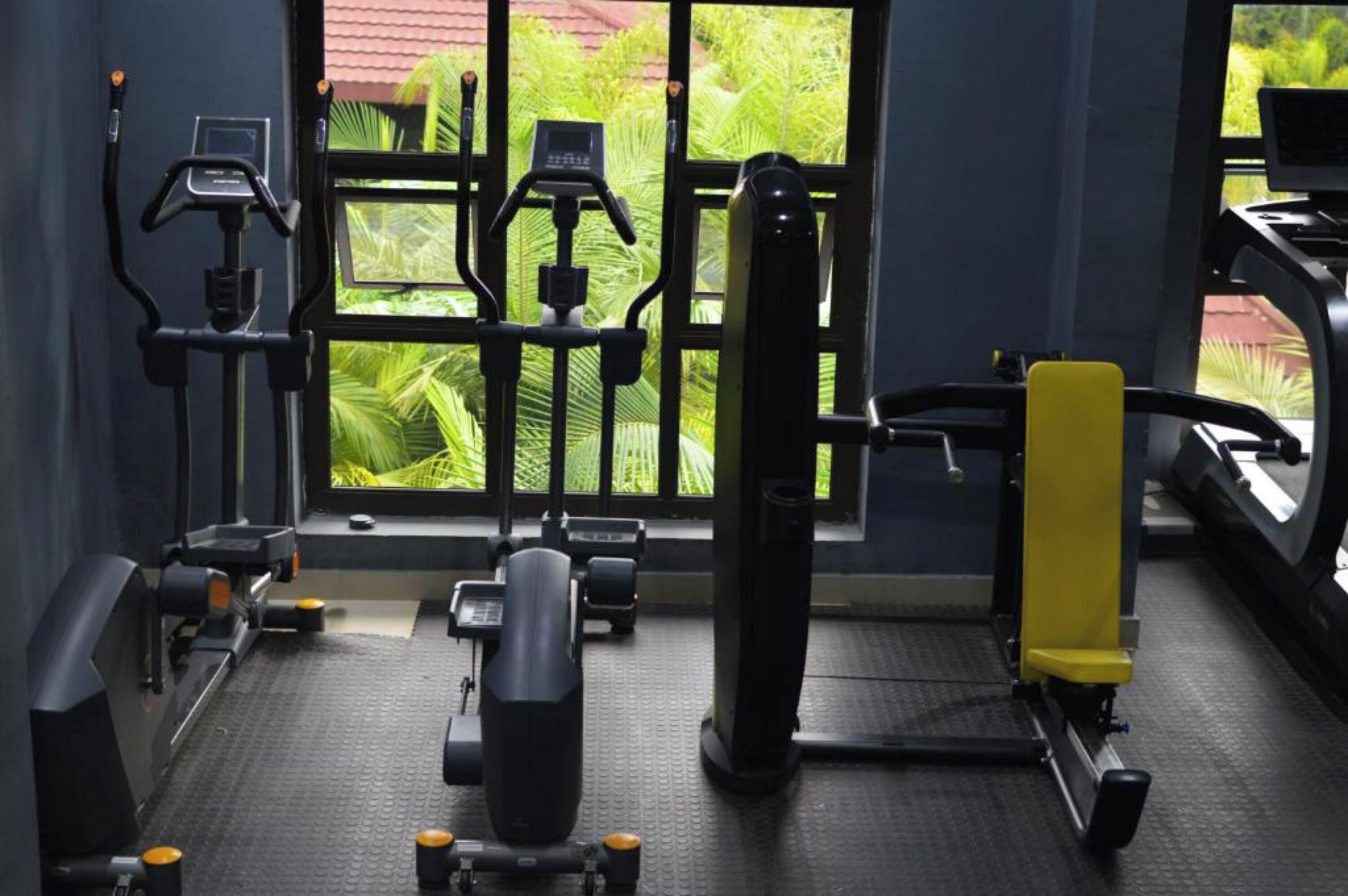 Uma academia com diversos equipamentos de exercícios, janelas amplas com vista para áreas verdes e piso de borracha preta.