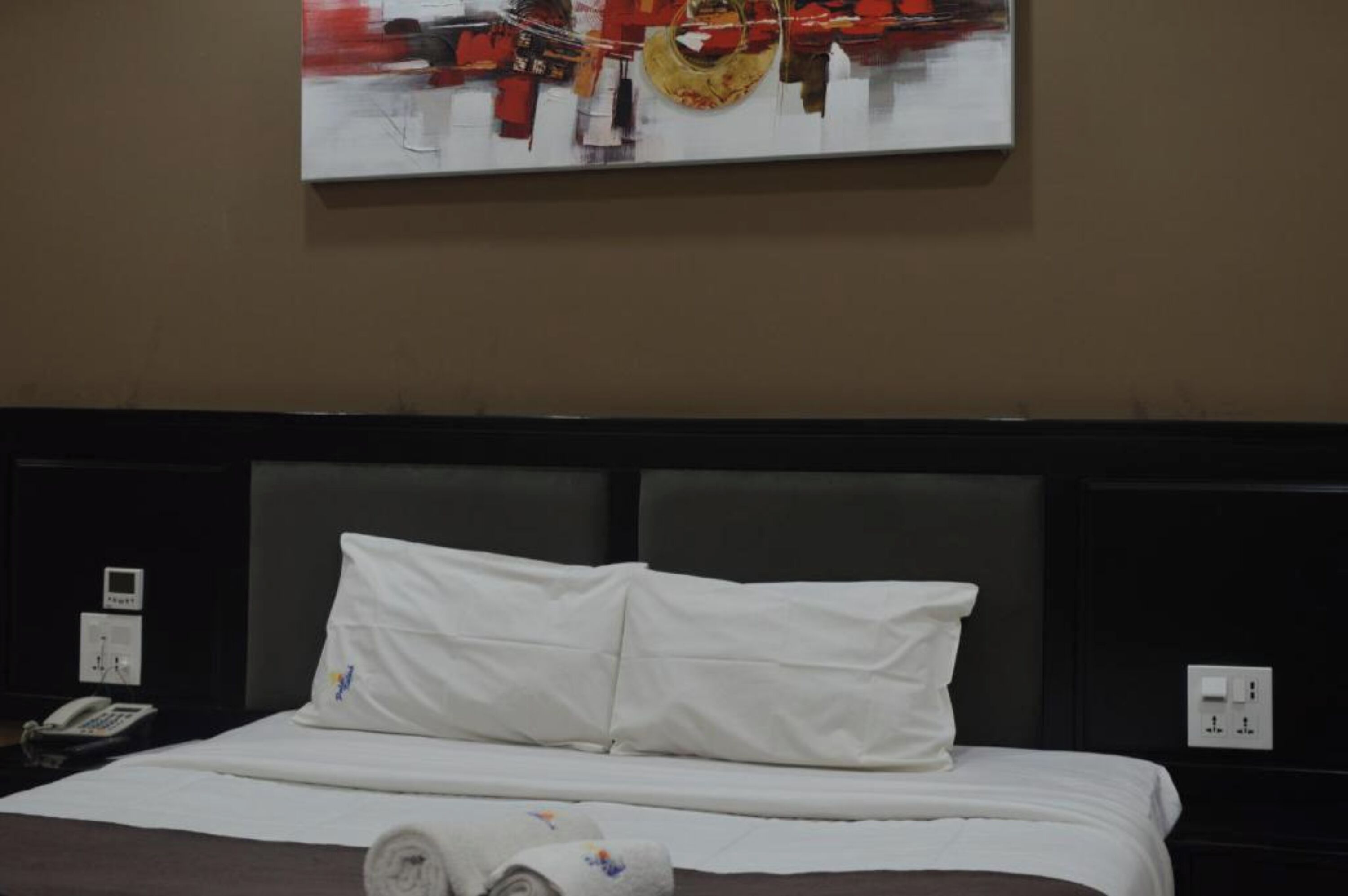 A hotel room with a bed, white bedding, a headboard, a painting on the wall, a telephone, and a power outlet.