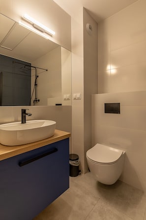 Classic Apartment | Bathroom | Shower, hair dryer, towels, soap