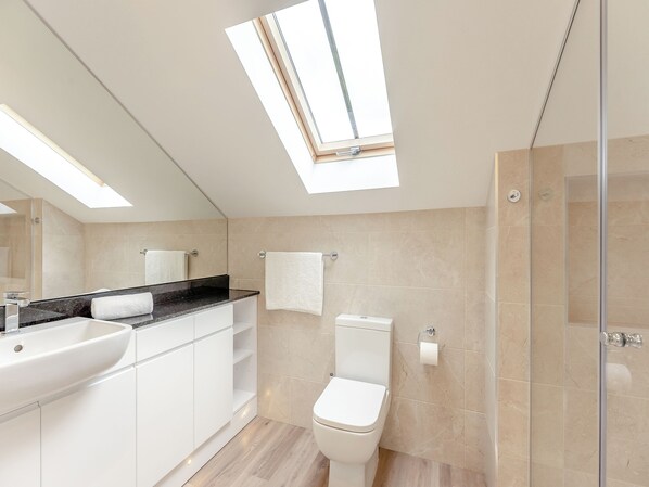 Une salle de bain moderne dotée d’une lucarne, d’une douche et de toilettes.