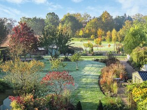 A garden with a lawn, trees, and a pathway.