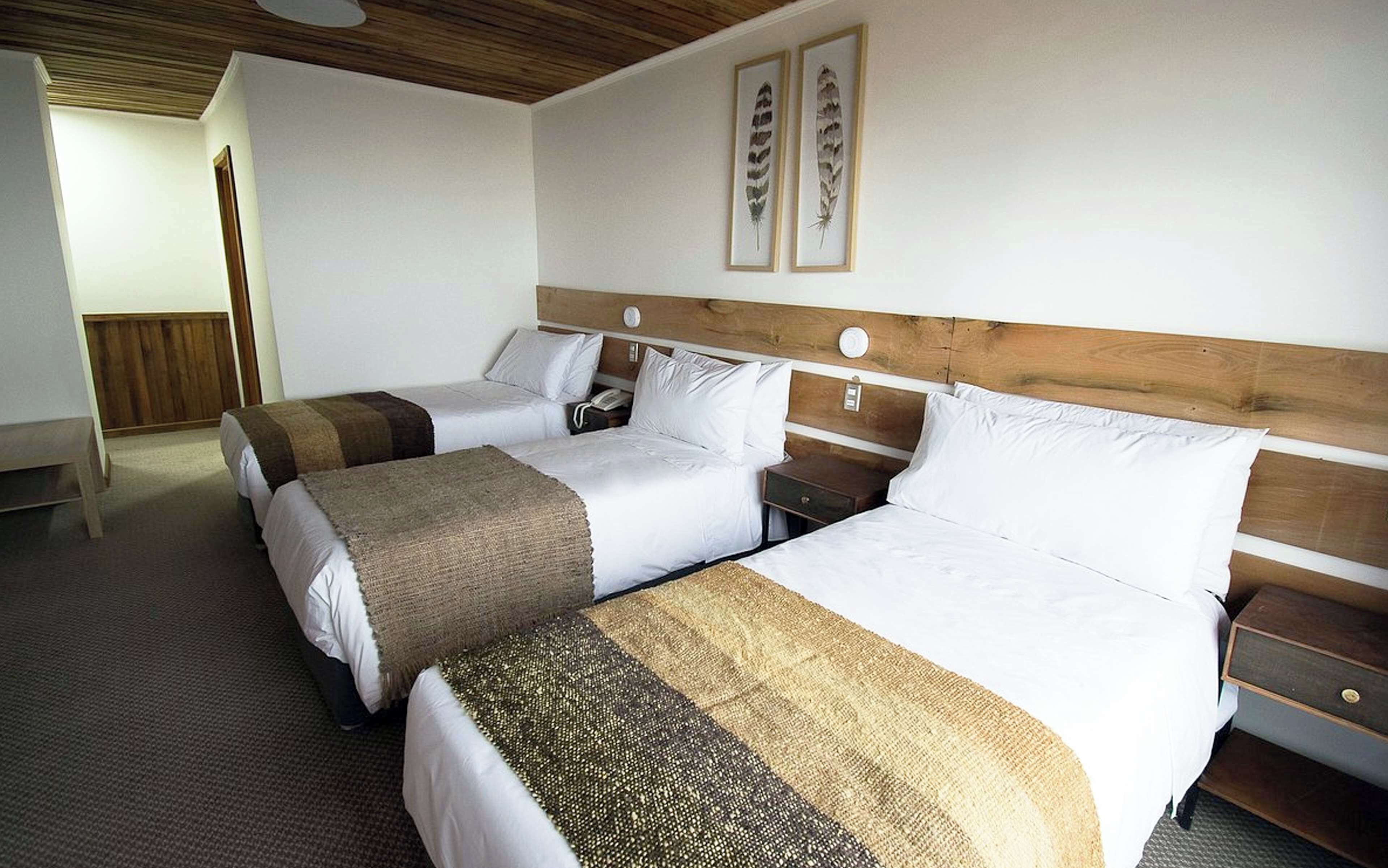 A hotel room with two single beds, a wooden headboard, a nightstand with a phone, and a wall-mounted light.