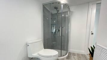 A modern bathroom with a glass-enclosed shower, a white toilet, and a small plant.