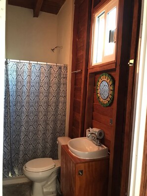 A bathroom with a toilet, a sink, and a decorative mirror. - Cabanas Chac Mool (Isla Holbox)