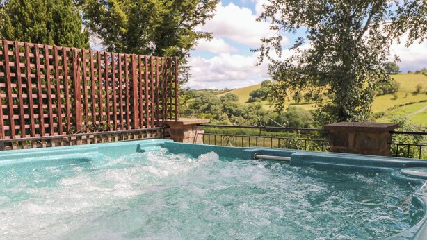 A hot tub with a wooden fence and stone structure in a garden setting. - Hillside Lodge (Llandrindod Wells)