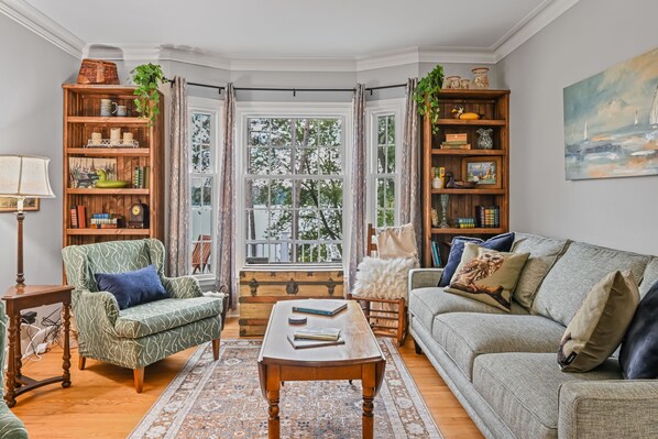 Smart TV, fireplace, books