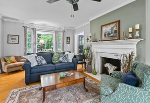 Smart TV, fireplace, books