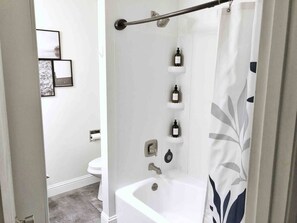 Hair dryer, towels, soap, shampoo