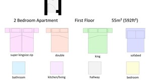 A 2-bedroom apartment layout with a bathroom, kitchen, living area, and hallway. - Apartment 4 (York)