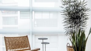 Une chaise en osier, une petite table ronde et une grande plante en pot dans une pièce lumineuse dotée de grandes fenêtres.